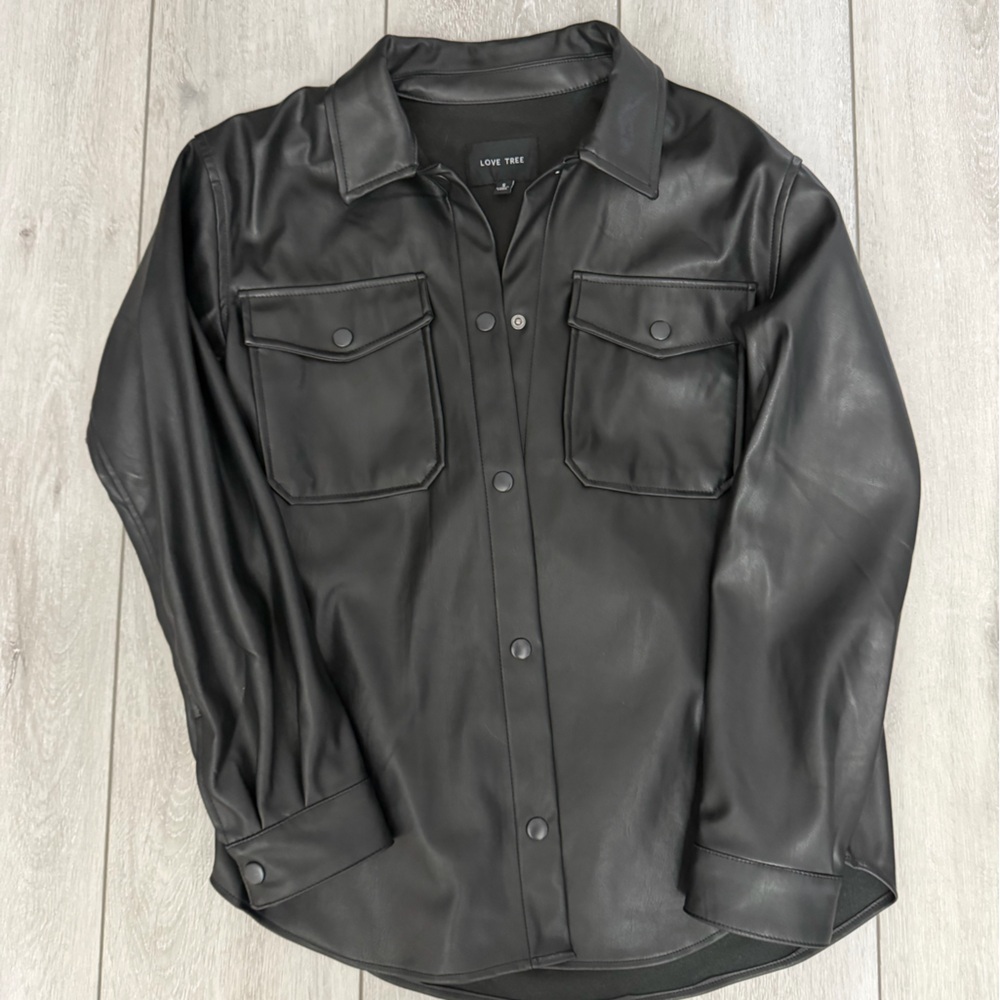 Black Faux Leather Button-Up Jacket